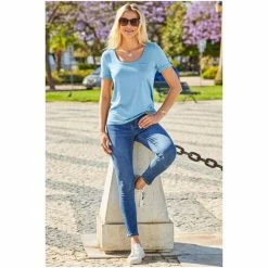 Sosandar Blue Stud Detail Pocket Crew Neck T-Shirt -Sosandar unnamed file 3764