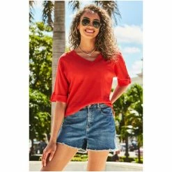 Sosandar Red Folded Sleeve Tab Sleeve Linen T-Shirt -Sosandar unnamed file 3768