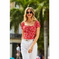 Sosandar Red Tie Front Square Neck Top