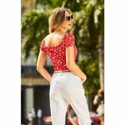 Sosandar Red Tie Front Square Neck Top -Sosandar unnamed file 3788