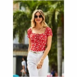 Sosandar Red Tie Front Square Neck Top -Sosandar unnamed file 3791