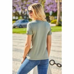 Sosandar Green Stud Detail Pocket Crew Neck T-Shirt -Sosandar unnamed file 3803