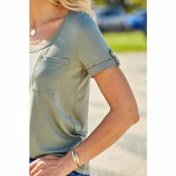 Sosandar Green Stud Detail Pocket Crew Neck T-Shirt -Sosandar unnamed file 3804