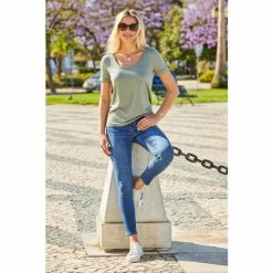 Sosandar Green Stud Detail Pocket Crew Neck T-Shirt -Sosandar unnamed file 3805