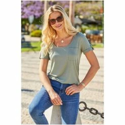 Sosandar Green Stud Detail Pocket Crew Neck T-Shirt -Sosandar unnamed file 3806