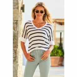 Sosandar White Striped Tab Sleeve Linen T-Shirt -Sosandar unnamed file 3815