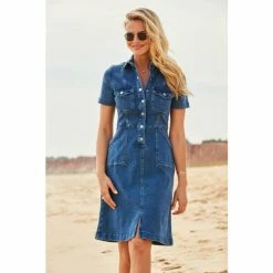 Sosandar Indigo Blue Popper Front Short Sleeve Stretch Denim Dress -Sosandar unnamed file 390