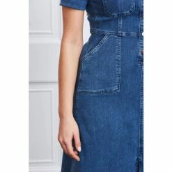 Sosandar Indigo Blue Popper Front Short Sleeve Stretch Denim Dress -Sosandar unnamed file 391