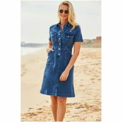 Sosandar Indigo Blue Popper Front Short Sleeve Stretch Denim Dress -Sosandar unnamed file 392