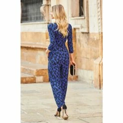 Sosandar Blue Animal Print Wrap Front Tapered Leg Jumpsuit With Pockets -Sosandar unnamed file 3924