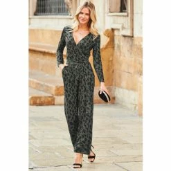Sosandar Khaki Animal Print Wrap Front Belted Jersey Jumpsuit With Pockets -Sosandar unnamed file 3928