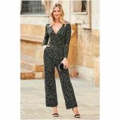 Sosandar Khaki Animal Print Wrap Front Belted Jersey Jumpsuit With Pockets -Sosandar unnamed file 3929