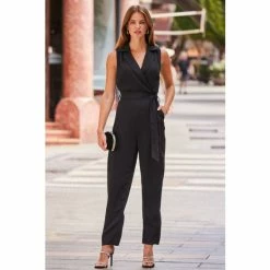 Sosandar Black Tuxedo Wrap Tapered Jumpsuit