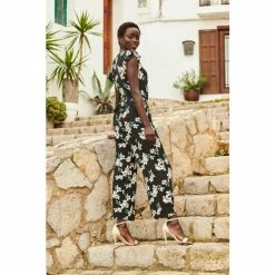 Sosandar Black Floral Print Wrap Front Culotte Jumpsuit -Sosandar unnamed file 4006