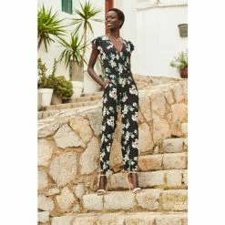 Sosandar Black Floral Print Wrap Front Culotte Jumpsuit -Sosandar unnamed file 4008