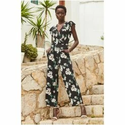 Sosandar Black Floral Print Wrap Front Culotte Jumpsuit -Sosandar unnamed file 4009