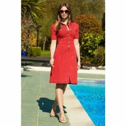 Sosandar Red Popper Front Short Sleeve Stretch Denim Dress -Sosandar unnamed file 401