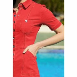 Sosandar Red Popper Front Short Sleeve Stretch Denim Dress -Sosandar unnamed file 402