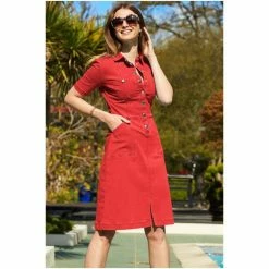Sosandar Red Popper Front Short Sleeve Stretch Denim Dress -Sosandar unnamed file 403