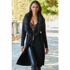 Sosandar Black Fur Trim Longline Cardigan