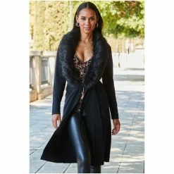 Sosandar Black Fur Trim Longline Cardigan -Sosandar unnamed file 4076