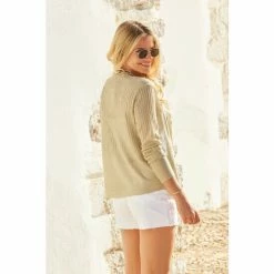 Sosandar Gold Super Soft Fine Knit Ribbed Cardigan -Sosandar unnamed file 4112