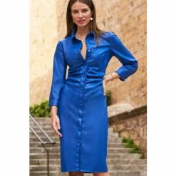 Sosandar Blue Faux Leather Ruched Waist Popper Front Shirt Dress 3 Sosandar Blue Faux Leather Ruched Waist Popper Front Shirt Dress -Sosandar unnamed file 412