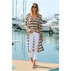 Sosandar Brown Chevron Print Longline Cardigan -Sosandar unnamed file 4130