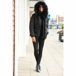 Sosandar Black Black Faux Fur Trim Luxe Padded Coat -Sosandar unnamed file 4152
