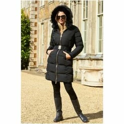 Sosandar Black Faux Fur Trim Luxe Longline Padded Coat -Sosandar unnamed file 4159