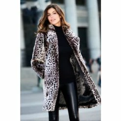 Sosandar Brown Cheetah Print Faux Fur Coat