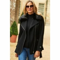 Sosandar Black Wool Mix Coat With Faux Fur Collar