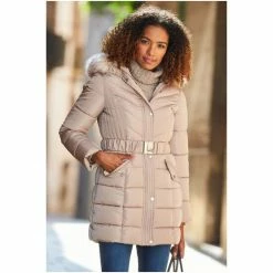 Sosandar Neutral Midweight Belted Padded Coat -Sosandar unnamed file 4188
