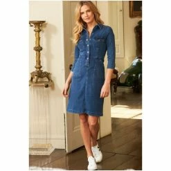 Sosandar Black Popper Front 3/4 Sleeve Stretch Denim Dress -Sosandar unnamed file 419
