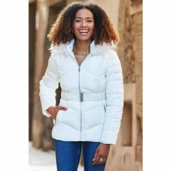 Sosandar Cream Hip Length Belted Padded Coat -Sosandar unnamed file 4209