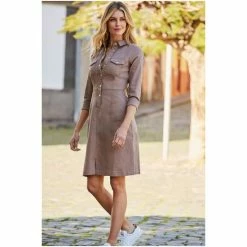 Sosandar Black Popper Front 3/4 Sleeve Stretch Denim Dress -Sosandar unnamed file 421