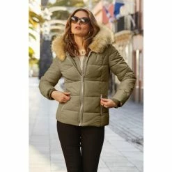 Sosandar Green Padded Faux Fur Trim Premium Coat