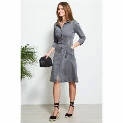 Sosandar Black Popper Front 3/4 Sleeve Stretch Denim Dress -Sosandar unnamed file 425