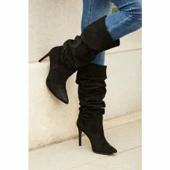 Sosandar Black Belle Suede Heeled Slouch High Leg Boots