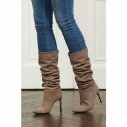 Sosandar Nude Suede Heeled Slouch High Leg Boot