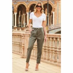 Sosandar Green Leather Look D-Ring Belted Trousers