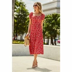 Sosandar Red Ditsy Floral Print Puff Sleeve Jersey Midi Dress