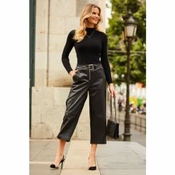 Sosandar Black Belted Faux Leather Culottes