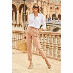 Sosandar Brown Stitch Detail Cotton Straight Leg Trousers