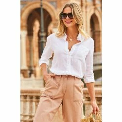 Sosandar Brown Stitch Detail Cotton Straight Leg Trousers -Sosandar unnamed file 4357