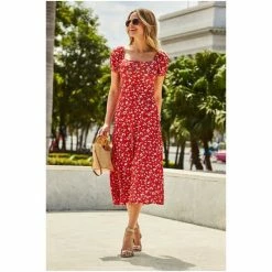 Sosandar Red Ditsy Floral Print Puff Sleeve Jersey Midi Dress 4 Sosandar Red Ditsy Floral Print Puff Sleeve Jersey Midi Dress -Sosandar unnamed file 436