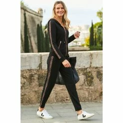 Sosandar Black Leopard Stripe Hooded Top With Rose Gold Trim