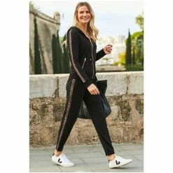 Sosandar Black Leopard Stripe Hooded Top With Rose Gold Trim -Sosandar unnamed file 4422