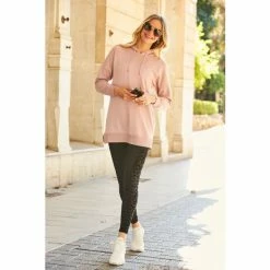 Sosandar Pink Longline Hooded Sweatshirt With Gold Zip Detail