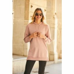 Sosandar Pink Longline Hooded Sweatshirt With Gold Zip Detail -Sosandar unnamed file 4462